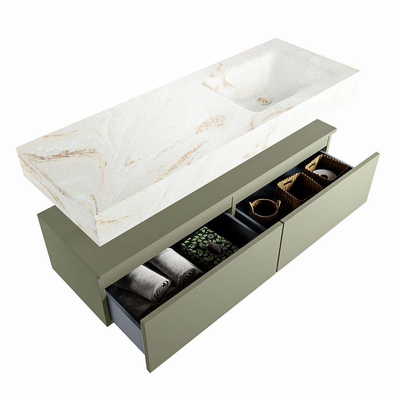 Mondiaz ALAN-DLUX Ensemble de meuble - 130cm - meuble Army mat - 2 tiroirs - Lavabo Cloud Frappe suspendu - vasque Droite - 0 trous de robinet