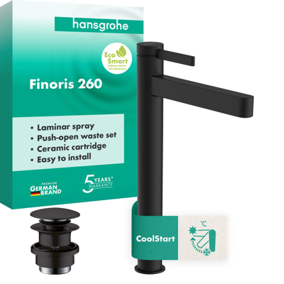 Hansgrohe Finoris wastafelkraan - model 260 - coolstart - met trekwaste - mat zwart