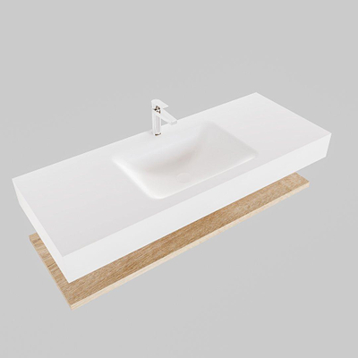 MONDIAZ ALAN 120cm - Ensemble meuble de salle de bains - tablette - chêne blanchi - lavabo suspendu - vasque centrale - 1 trou de robinet - talc