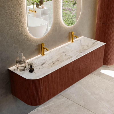 Mondiaz KURVE-DLUX Badkamermeubelset - 155x46x40cm - 2 lade - 1 deur - wastafel solid surface - dubbel / rechts - 2 kraangaten - Ruby
