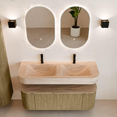 MONDIAZ THOR-DLUX Meuble de salle de bains 130cm arrondi gauche + droite couleur Dusk avec 1 tiroir et 2 portes. Vasque suspendue CLOUD Double 2 trous de robinet couleur Saba.