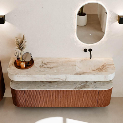 MONDIAZ THOR-DLUX 170cm meuble de salle de bains arrondi gauche + droite couleur Ruby avec 1 tiroir et 2 portes. Vasque suspendue CLOUD Droite sans trou de robinet couleur Frappe.