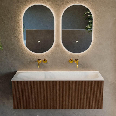 MONDIAZ KURVE 120cm badmeubel kleur Walnut met 1 lade. Wastafel BIG LARGE midden zonder kraangat Talc.