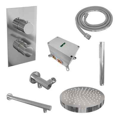 BRAUER Stripe Thermostatische Inbouw Regendouche - 3-weg - rechthoekig - SET 13 - 25cm douchekop - rechte muurarm - staaf handdouche - doucheslang - wandaansluitbocht - chroom