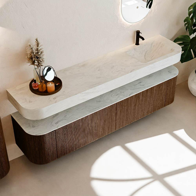 MONDIAZ THOR-DLUX Meuble de salle de bains - 200cm - arrondi gauche + droite - couleur Walnut - 2 tiroirs et 2 portes - Vasque suspendue CLOUD droite 1 trou de robinet - couleur Opalo