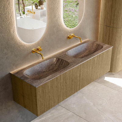 MONDIAZ KURVE-DLUX meuble de salle de bains 150cm couleur Dusk avec 2 tiroirs et 0 portes. Lavabo STOR SMALL double sans trou de robinet Oza.