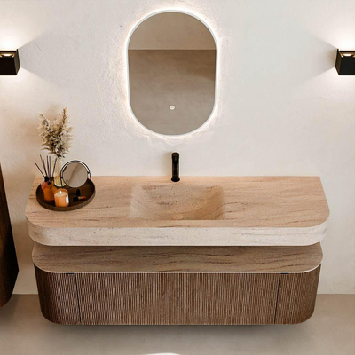 MONDIAZ THOR-DLUX 160cm badmeubel ronding links + rechts kleur Walnut met 1 lade en 2 deuren. Vrijhangende wastafel CLOUD Midden 1 kraangat kleur Saba.