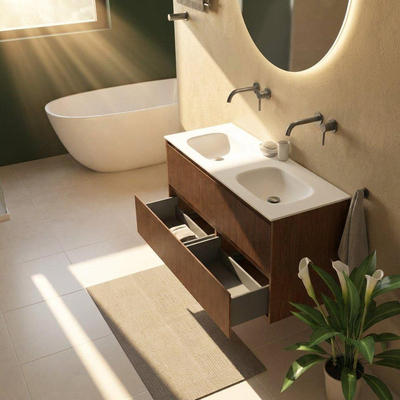 Saniclass Holz Atelier Ensemble meuble de salle de bains - 120x45x61.5cm - lavabo Flow en solid surface blanc - 2 vasques - sans trous de robinetterie - 2 tiroirs - noyer pure mat (bois)