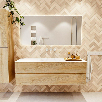MONDIAZ VICA meuble sous lavabo 150cm Chêne blanchi 2 tiroirs. Lavabo CLOUD central sans trou de robinet, couleur Talc.