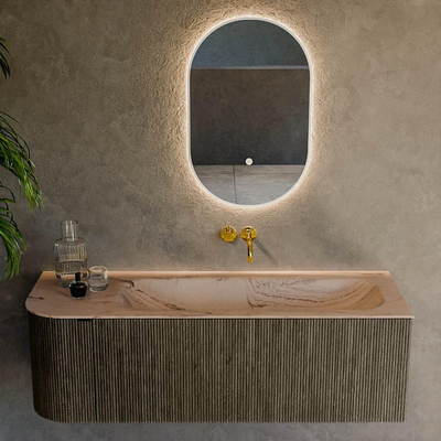 MONDIAZ KURVE-DLUX 135cm meuble de salle de bains arrondi Gauche couleur Shadow avec 1 tiroir et 1 porte. Lavabo BIG MEDIUM Droite sans trou de robinet Arena.