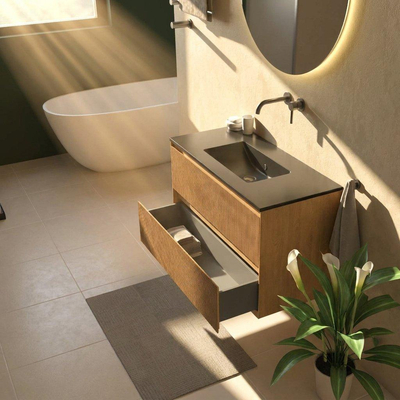 Saniclass Holz Atelier Ensemble meuble de salle de bains - 100x45x62cm - lavabo en céramique Vygo noir - 1 vasque - sans trou de robinetterie - 2 tiroirs - chêne natural mat (bois)