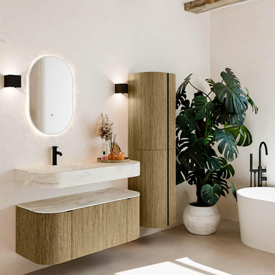 MONDIAZ THOR-DLUX 110cm meuble de salle de bains arrondi gauche + droite couleur Dusk avec 1 tiroir et 2 portes. Vasque suspendue CLOUD Gauche 1 trou de robinet couleur Ostra.