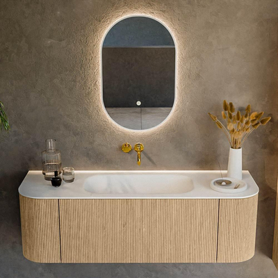 MONDIAZ KURVE 140cm Meuble salle de bain avec module 25 G et D - couleur Oak - 1 tiroir - 2 portes - vasque BIG SMALL centre - sans trous de robinet - Talc