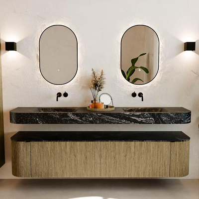 MONDIAZ THOR-DLUX Meuble de salle de bains - 200cm - arrondi gauche + droite - couleur Dusk - 2 tiroirs - 2 portes - Vasque suspendue CLOUD Double sans trou de robinet - couleur Lava