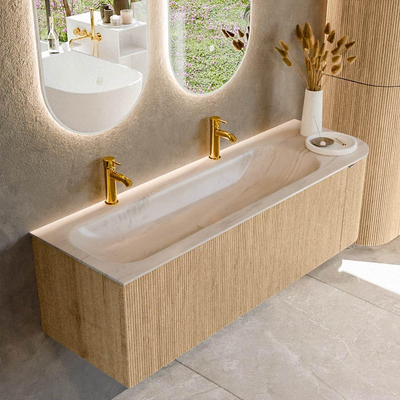 MONDIAZ KURVE-DLUX 145cm badmeubel ronding Rechts kleur Oak met 1 lade en 1 deur. Wastafel BIG LARGE Links 2 kraangaten Meli.