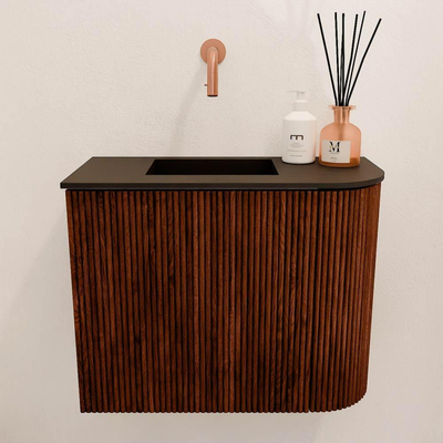 Mondiaz JOYA 51.6cm toiletmeubel - ronding rechts kleur Ruby - Wastafel FAYE positie Links Zonder kraangat kleur Urban.