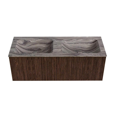 MONDIAZ KURVE-DLUX 120cm badmeubel kleur Walnut met 1 lade en 0 deuren. Wastafel LEAF Dubbel 2 kraangaten Sombra.