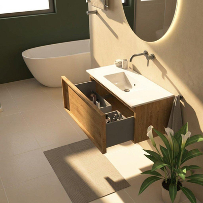 Saniclass Holz Frame Ensemble meuble de salle de bains - 100x45x42cm - lavabo Vygo en céramique blanc - 1 vasque - sans trou de robinet - 1 tiroir - chêne natural mat (bois)