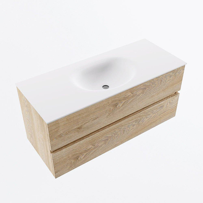 Mondiaz VICA ensemble de meuble de salle de bain - 110cm - meuble sous-vasque chêne blanchi - 2 tiroirs - lavabo lune milieu - 1 trou de robinet - version haute 60cm - talc