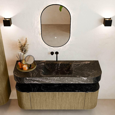 MONDIAZ THOR-DLUX Meuble de salle de bains 140cm arrondi gauche + droite couleur Dusk avec 1 tiroir et 2 portes. Vasque suspendue CLOUD Milieu sans trou de robinet couleur Lava.