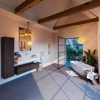 Mondiaz ALAN - DLUX ensemble de meuble de salle de bain - 130cm - meuble sous-vasque - Marron Foncé - 1 tiroir - lavabo suspendu - évier au centre - 0 trous de robinet - Ostra