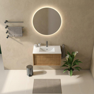 Saniclass Holz Frame Ensemble de meuble de salle de bains - 80x45x42cm - lavabo Vygo en céramique blanc - 1 vasque - 1 trou de robinet - 1 tiroir - chêne naturel mat (bois)