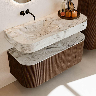 MONDIAZ THOR-DLUX 110cm badmeubel ronding links + rechts kleur Walnut met 1 lade en 2 deuren. Vrijhangende wastafel CLOUD Links zonder kraangat kleur Glace.