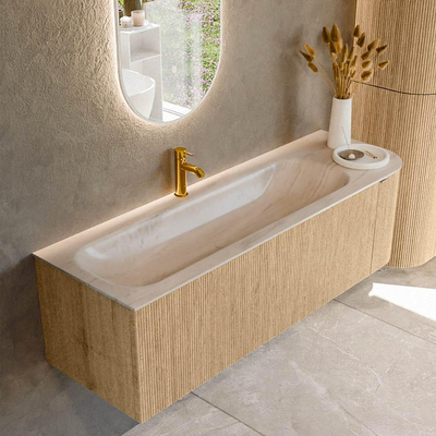 MONDIAZ KURVE-DLUX 145cm badmeubel ronding Rechts kleur Oak met 1 lade en 1 deur. Wastafel BIG LARGE Links 1 kraangat Meli.