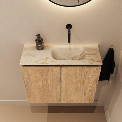 MONDIAZ TURE-DLUX Meuble toilette - 60cm - Washed Oak - EDEN - vasque Frappe - position droite - sans trou de robinet