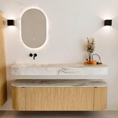 MONDIAZ THOR-DLUX 160cm badmeubel ronding links + rechts kleur Oak met 1 lade en 2 deuren. Vrijhangende wastafel CLOUD Links zonder kraangat kleur Frappe.