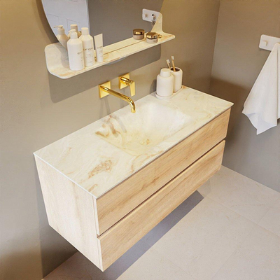 MONDIAZ VICA-DLUX Ensemble meuble de salle de bains - 110cm - meuble bas Washed oak - 2 tiroirs - lavabo encastré cloud au milieu - sans trous de robinetterie - version hauteur 60cm - frape