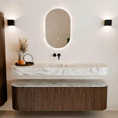 MONDIAZ THOR-DLUX 160cm badmeubel ronding links + rechts kleur Walnut met 1 lade en 2 deuren. Vrijhangende wastafel CLOUD Midden zonder kraangat kleur Glace.