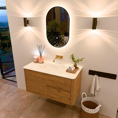 Mondiaz CIRO-DLUX Ensemble de meubles de salle de bains - 100x45x50cm - Plan vasque solid surface Opalo - 1 vasque au milieu - sans trous de robinetterie - 2 tiroirs - Chêne