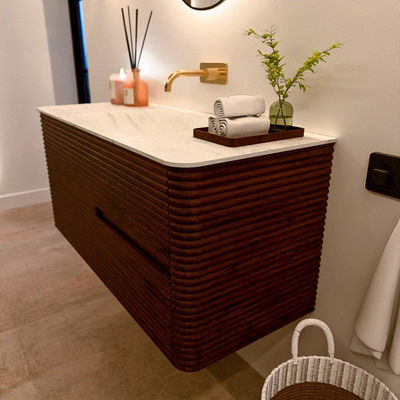 Mondiaz CIRO-DLUX Meuble de salle de bains - 110x45x50cm - Plan vasque solid surface Opalo - 1 bac au milieu - sans trous de robinet - 2 tiroirs - Ruby