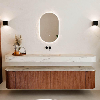 MONDIAZ THOR-DLUX 200cm meuble de salle de bains arrondi gauche + droite couleur Ruby avec 2 tiroirs et 2 portes. Vasque suspendue CLOUD Milieu sans trou de robinet couleur Nata.