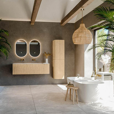 MONDIAZ KURVE-DLUX Meuble de salle de bains 145 cm avec module 25 R couleur chêne avec 1 tiroir et 1 porte. Lavabo BIG LARGE gauche sans trou de robinet couleur Ostra.