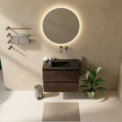 Saniclass Holz Pure Ensemble meuble de salle de bains - 80x45x62cm - lavabo Vygo en céramique noir - 1 vasque - sans trou de robinet - 2 tiroirs - chêne charcoal mat (bois)