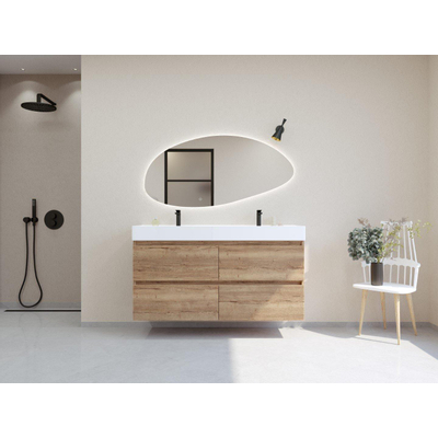 HR Infinity XXL ensemble de meubles de salle de bain 3d 140 cm 2 vasques en céramique kube blanc 2 trous de robinet 4 tiroirs chêne français