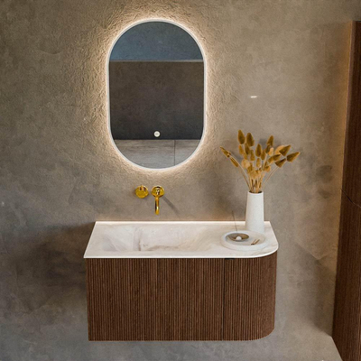 MONDIAZ KURVE-DLUX 85cm Meuble salle de bain avec module 25 D - couleur Walnut - 1 tiroir - 1 porte - vasque CLOUD gauche - sans trou de robinet - couleur Frappe