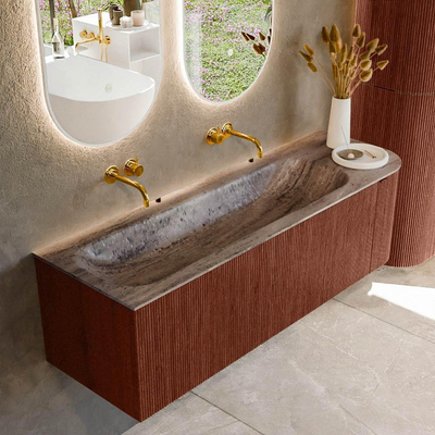 MONDIAZ KURVE-DLUX Meuble de salle de bains 145cm arrondi à droite couleur Ruby avec 1 tiroir et 1 porte. Lavabo BIG LARGE à gauche sans trou de robinet Oza.