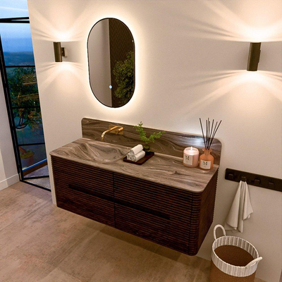 Mondiaz CIRO-DLUX Badkamermeubelset - 130x45x50cm - Solid surface wastafel Sombra - 1 wasbak Links - zonder kraangaten - 4 lades - Walnut