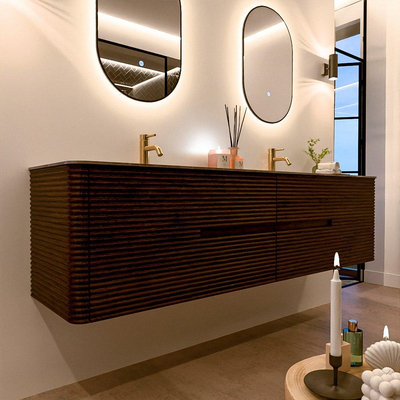 Mondiaz CIRO-DLUX Meuble de salle de bains - 190x45x50cm - Plan vasque solid surface Sombra - 2 lavabos double - 2 trous de robinetterie - 4 tiroirs - Noyer