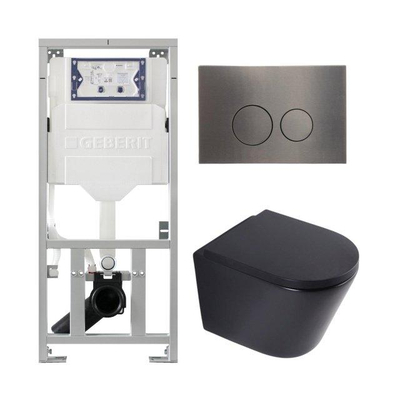 QeramiQ Dely Toiletset - 36.3x51.7cm - diepspoel - rimless - Geberit UP320 inbouwreservoir - softclose toilet zitting 35 mm - gunmetal bedieningsplaat - ronde knoppen - mat zwart