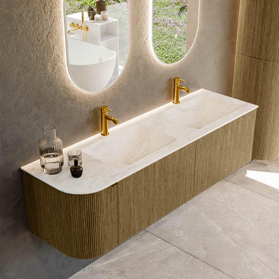 Mondiaz KURVE-DLUX Ensemble de meuble de salle de bains - 155x46x40cm - 2 tiroirs - 1 porte - vasque solid surface - double / droite - 2 trous de robinet - Dusk