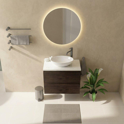 Saniclass Holz Atelier Ensemble meuble de salle de bains - 80x45x63cm - Plan vasque en marbre Dia poli (blanc) - 1 trou de robinet - 2 tiroirs - chêne charcoal mat (bois)