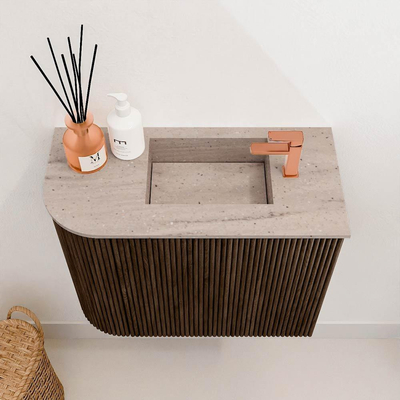 Mondiaz JOYA-DLUX 51.6cm toiletmeubel - ronding links kleur Walnut - Wastafel FAYE positie Rechts 1 kraangat kleur Saba.