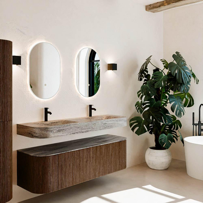 MONDIAZ THOR-DLUX 150cm meuble de salle de bains arrondi gauche + droite couleur Walnut avec 1 tiroir et 2 portes. Vasque suspendue CLOUD Double 2 trous de robinet couleur Oza.