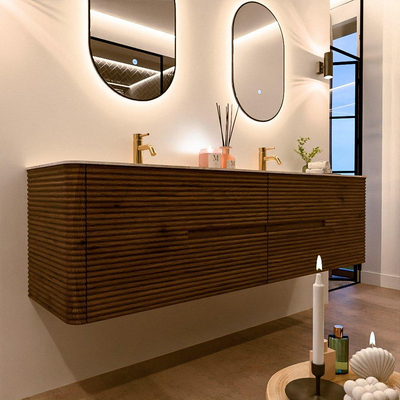 Mondiaz CIRO-DLUX Badkamermeubelset - 180x45x50cm - Solid surface wastafel Frappe - 2 wasbak Dubbel - 2 kraangaten - 4 lades - Dusk