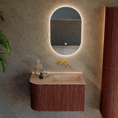 MONDIAZ KURVE-DLUX Meuble de salle de bains 75cm arrondi à gauche couleur Ruby avec 1 tiroir et 1 porte. Lavabo GRUNNE à droite sans trou de robinet Saba.