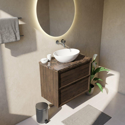Saniclass Holz Frame Ensemble de meuble de salle de bains - 80x45x63cm - Plan de travail en pierre naturelle Noche dark emperador - sans trou de robinet - 2 tiroirs - chêne charcoal mat (bois)